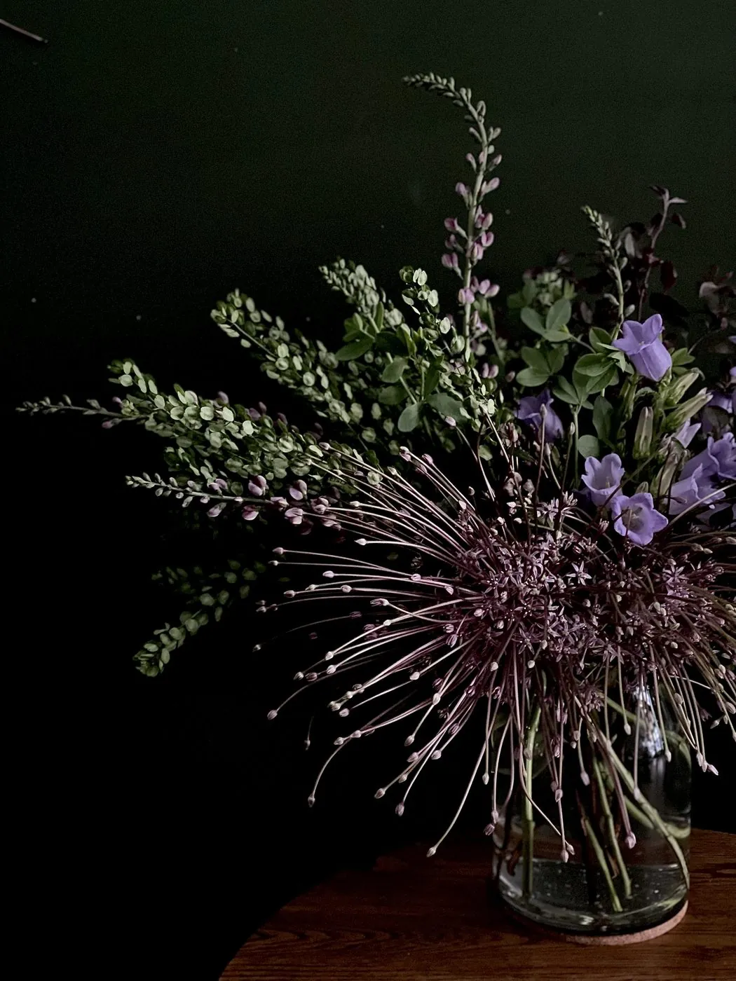 Allium seed heads and Canterbury bells in a clear vase
